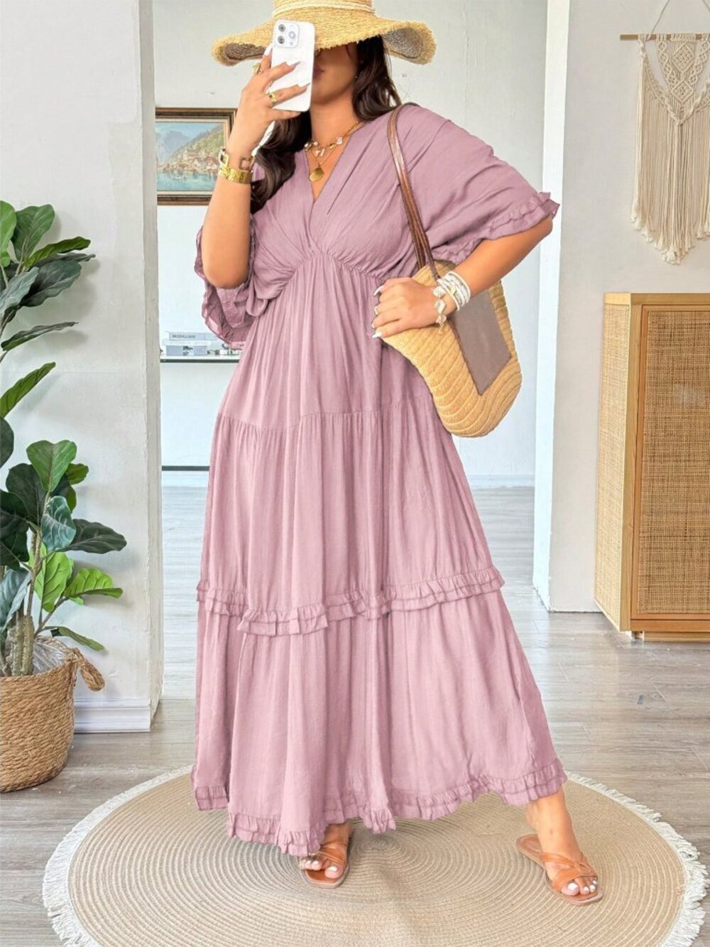 Pink Casual Women's Plus Size Boho Ruffle Trim maxi Dress - Picture 5 of 7
